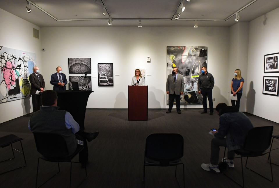 State Secretary of Health Kim Malsam-Rysdon speaks about the COVID-19 vaccine on Tuesday, April 20, 2021, at the Washington Pavilion Visual Arts Center in Sioux Falls.