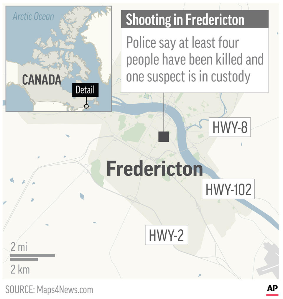 Map locates Fredericton, Canada, where a shooting has killed at least four people according to police; 2c x 3 1/2 inches; 96.3 mm x 88 mm;