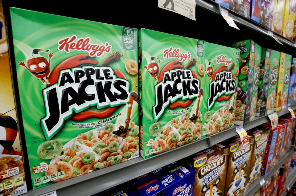 Boxes of Kellogg's Apple Jacks cereal sit on display in a market in Pittsburgh, Wednesday, Aug. 8, 2018. (AP Photo/Gene J. Puskar)