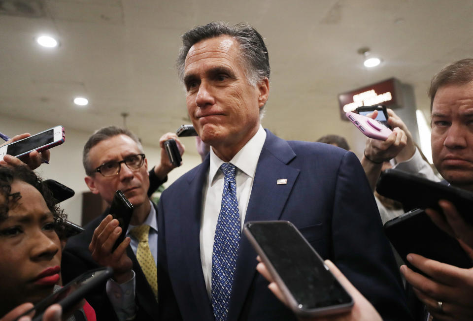 WASHINGTON, DC - JANUARY 29: Sen. Mitt Romney (R-UT) speaks to reporters upon arrival to the U.S. Capitol for the continuation of the Senate impeachment trial on January 29, 2020 in Washington, DC. The next phase of the trial, in which senators will be allowed to ask written questions, will extend into tomorrow. (Photo by Mario Tama/Getty Images)