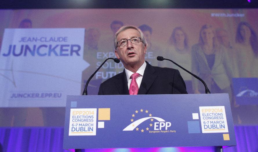 Jean-Claude Juncker speaks to delegates during the European People's Party Elections Congress at the convention centre, Dublin, Ireland, Friday, March 7, 2014. Conservative politicians from across Europe have elected former Luxembourg Prime Minister Jean-Claude Juncker as their candidate for the presidency of the European Commission, the most powerful post in the European Union. Juncker triumphed Friday at a European People's Party convention in Dublin, where he defeated Michel Barnier of France. (AP Photo/Peter Morrison)