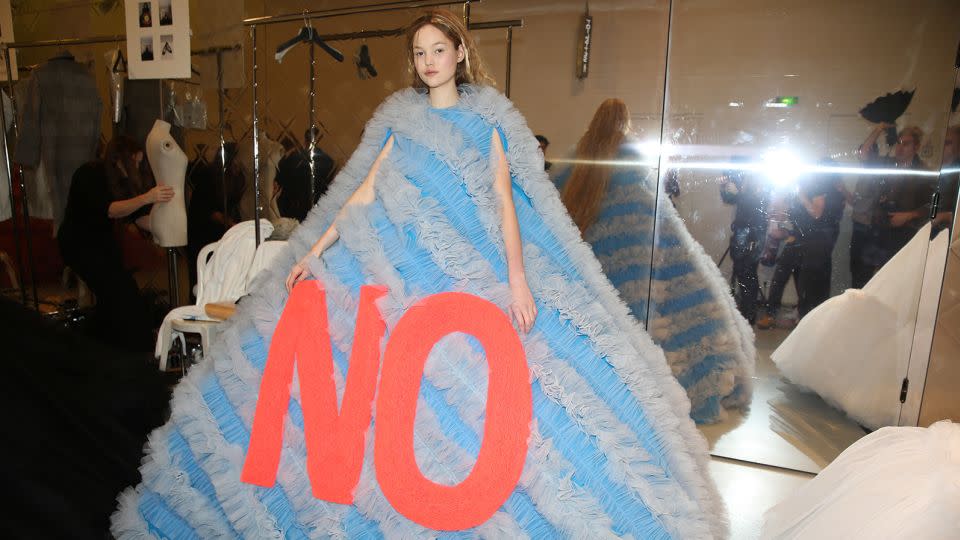 The viral "No" dress at Viktor & Rolf's couture Spring-Sumer 2019 ruwnay. - WWD/Penske Media/Getty Images