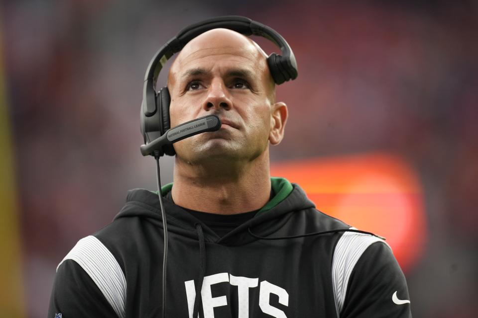 New York Jets head coach Robert Saleh watches play against the Denver Broncos during the second half of an NFL football game, Sunday, Oct. 23, 2022, in Denver. (AP Photo/David Zalubowski)