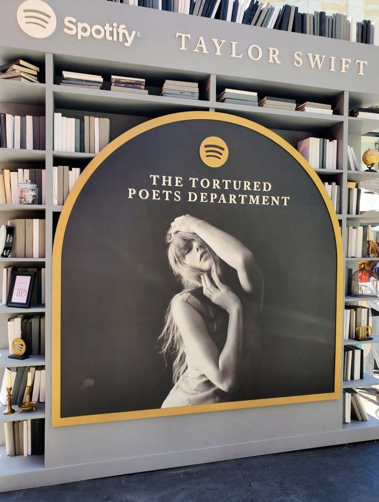 Taylor Swift debuts her 11th studio album, “The Tortured Poet’s Department,” ahead of the scheduled release date in a pop-up event set up at The Grove in a library transformation installation. APEX / MEGA