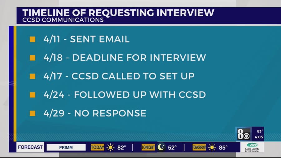 <em>8 News Now requested an interview through CCSD’s communication department with Jennifer Volbis on April 11 to ask her about the steps the district is taking to keep kids safe on valley roads and the crashes. (KLAS)</em>