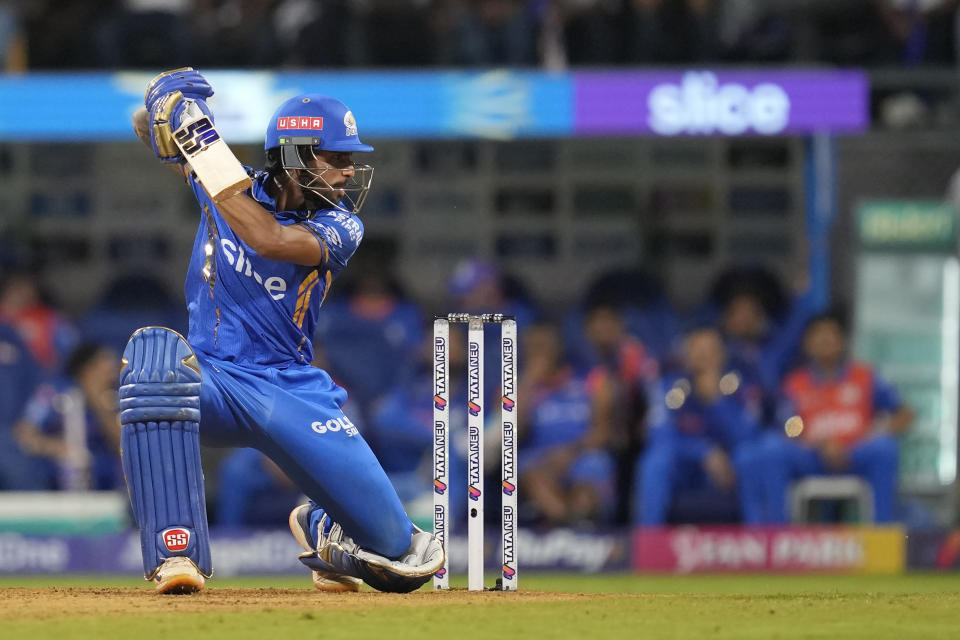 Mumbai Indians' Tilak Varma plays a shot during the Indian Premier League cricket match between Mumbai Indians and Sunrisers Hyderabad in Mumbai, India, Monday, May 6, 2024. (AP Photo/Rajanish Kakade)