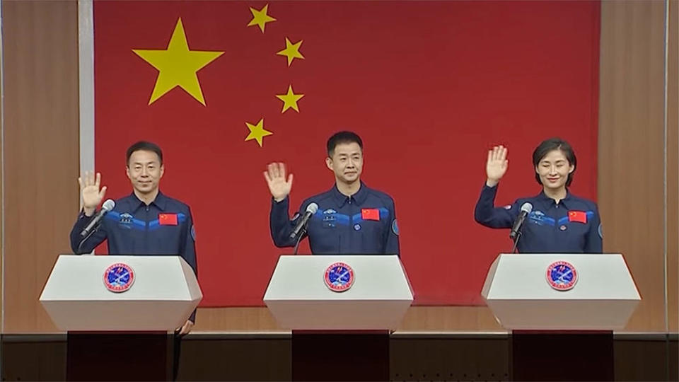 The Shenzhou 14 crew (left to right): Cai Xuzhe, mission commander Chen Dong and Liu Yang. Chen and Liu are spaceflight veterans while Cai is making his first flight. / Credit: CGTN