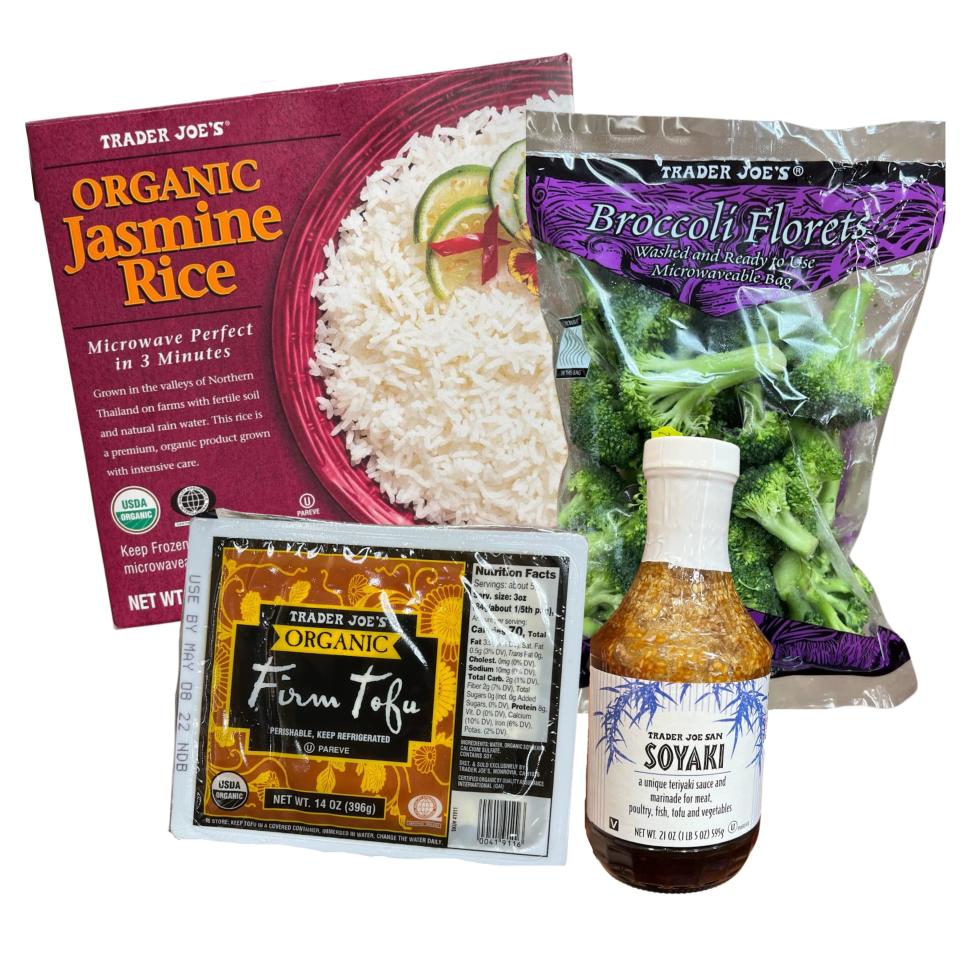 Box of "Organic Jasmine Rice" with bag of broccoli florets, firm tofu, and jar of Soyaki sauce