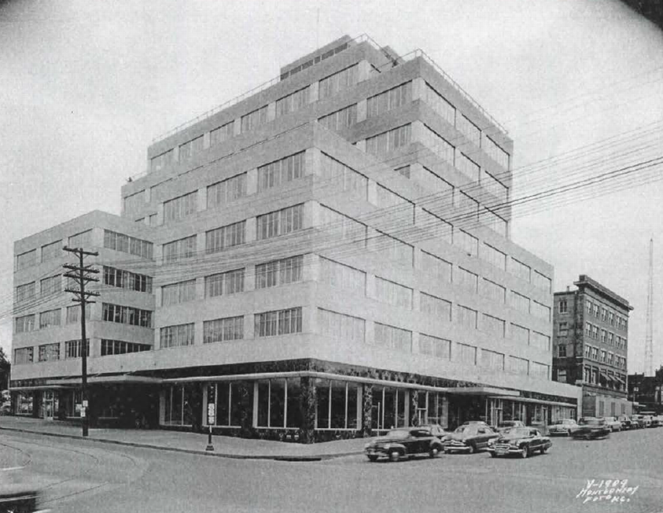 Brotherhood Block is shown from the corner of State Avenue and Eighth Street in Kansas City, Kansas, in 1951 as part of an application by the Unified of Wyandotte County/Kansas City, Kansas, for designation of the building on the National Register of Historic Places.