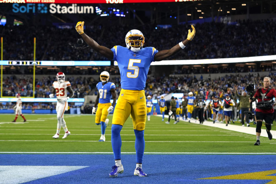 Los Angeles Chargers wide receiver Joshua Palmer celebrates after making a touchdown catch during the first half of an NFL football game against the Kansas City Chiefs Sunday, Nov. 20, 2022, in Inglewood, Calif. (AP Photo/Jae C. Hong)