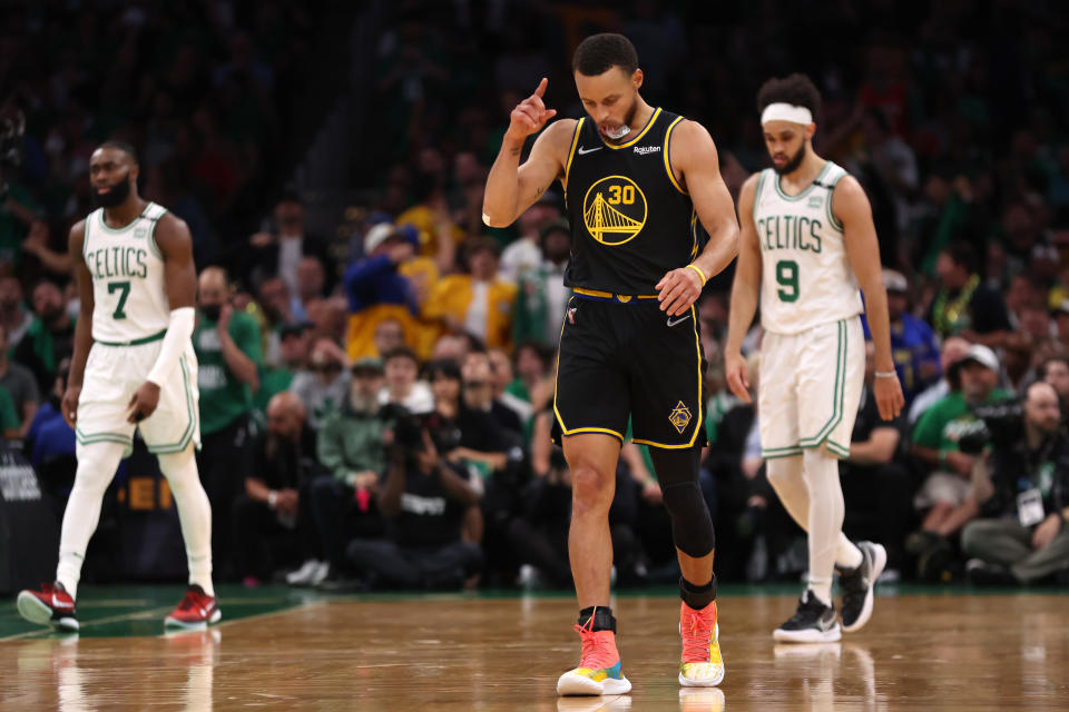 BOSTON, MASSACHUSETTS - JUNE 08: Stephen Curry #30 of the Golden State Warriors reacts after a three point basket in the second quarter against the Boston Celtics during Game Three of the 2022 NBA Finals at TD Garden on June 08, 2022 in Boston, Massachusetts. NOTE TO USER: User expressly acknowledges and agrees that, by downloading and/or using this photograph, User is consenting to the terms and conditions of the Getty Images License Agreement. (Photo by Maddie Meyer/Getty Images)