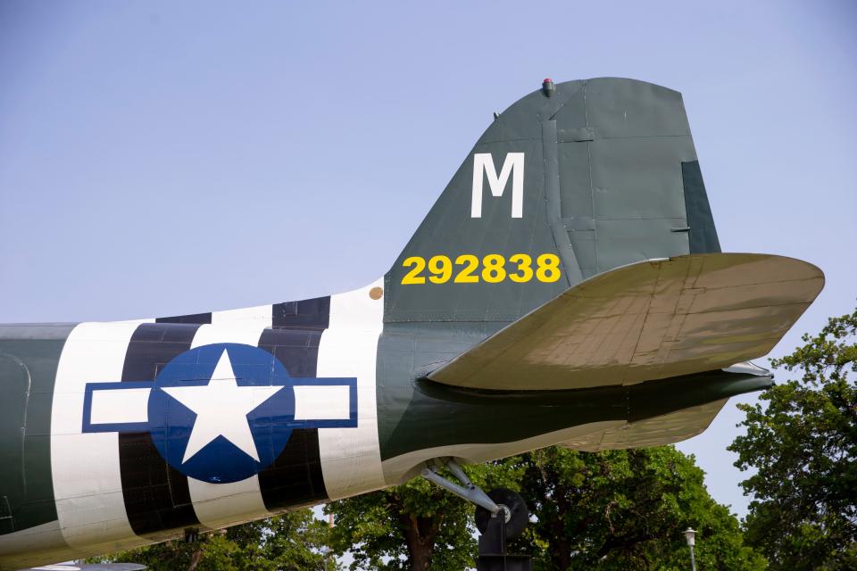 The tail of C-47 at Joe B. Barnes Regional Park in Midwest City, Okla., Saturday, May 28, 2022. Gary Banz wrote and produced a documentary about the C-47 that was built at Tinker Air Force Base, used on D-Day, then restored before being put on display at Joe B. Barnes Regional Park in Midwest City.