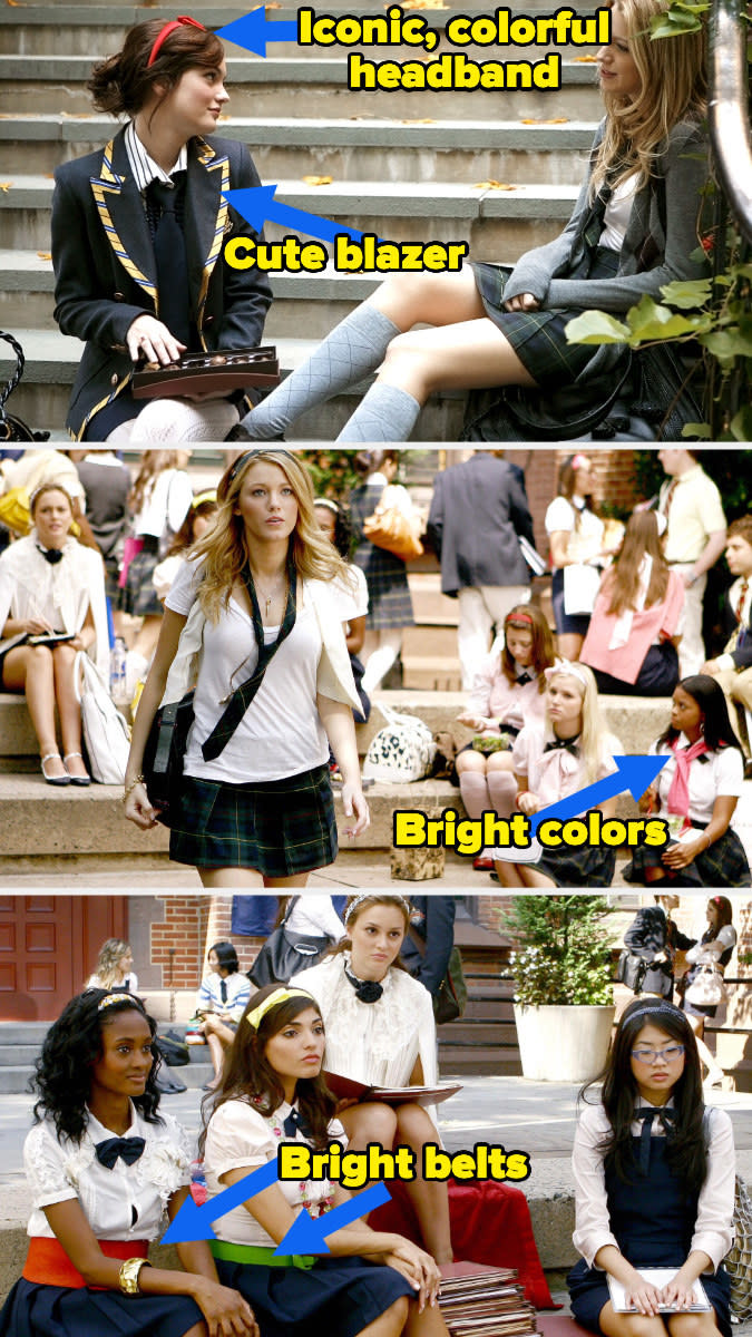 bright belts, jackets, and shoes worn by blair and serena in gossip girl