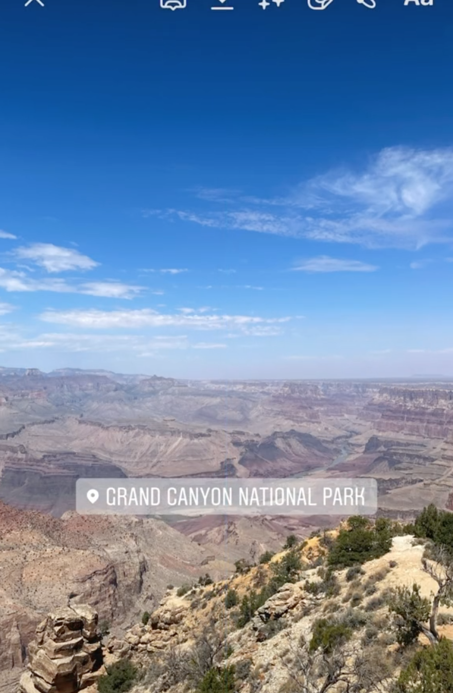 Alexa places a location sticker: "Grand Canyon National Park" with a photo of the park to share on her Instagram story