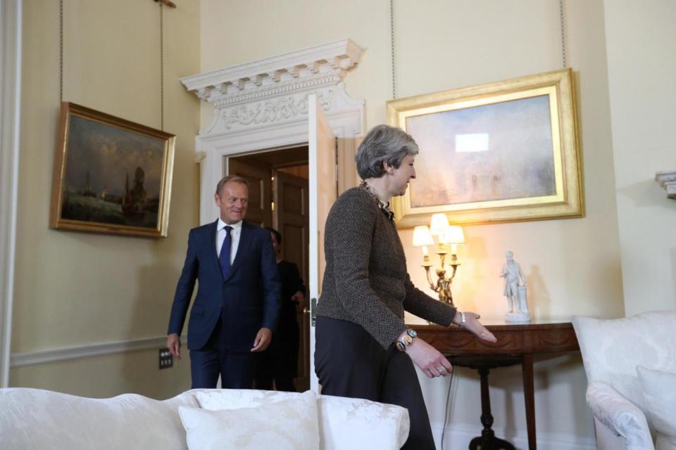 Mr Tusk, who visited Downing Street on Tuesday, said he feels 'cautiously optimistic' about the “more realistic tone” Mrs May showed during their discussion (REUTERS)