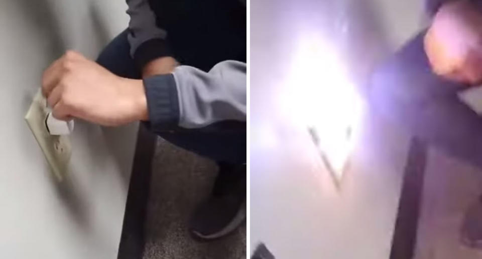 A teen drops a coin onto the prongs of the plug, creating a large spark. Source: TikTok
