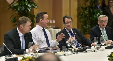 British Prime Minister David Cameron (2nd L) takes part in a meeting with other European Union leaders take part in a meeting during a EU summit addressing the talks about the so-called Brexit and the migrants crisis, in Brussels, Belgium, February 19, 2016. REUTERS/Martin Meissner/Pool