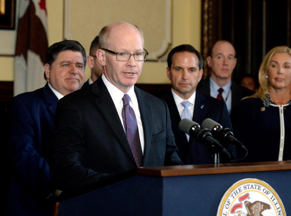 Senate President Don Harmon D-Oak Park speaks during a press conference at the State Capitol Tuesday Nov. 29, 2022.