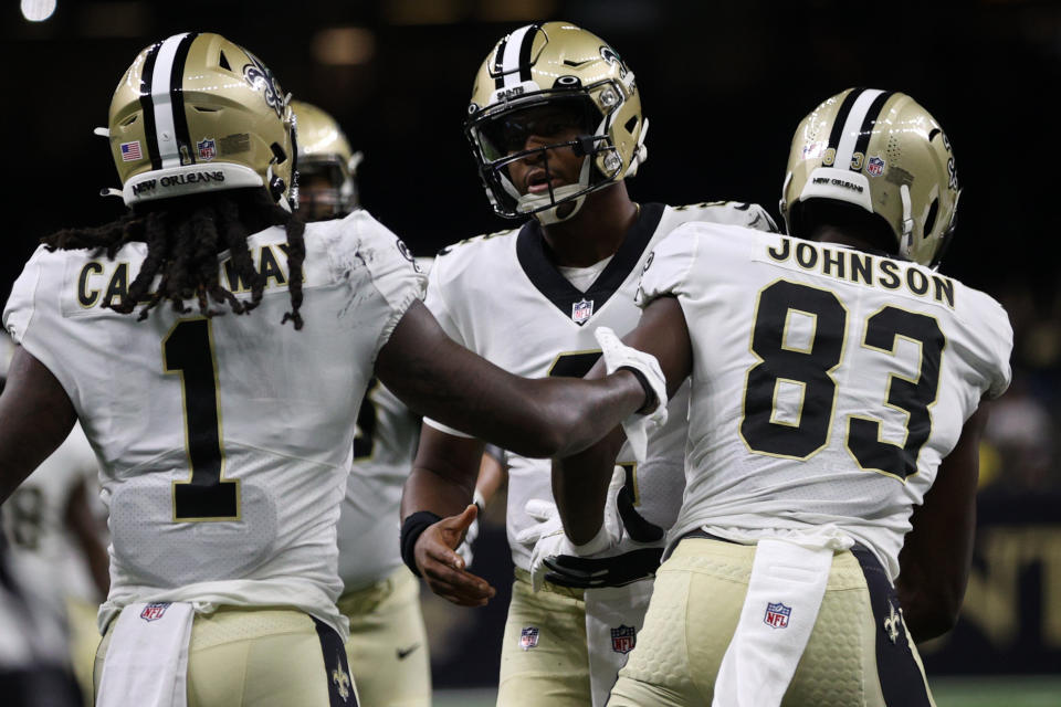 NEW ORLEANS, LOUISIANA - AUGUST 23: Marquez Callaway #1 of the New Orleans Saints celebrates after a touchdown with Jameis Winston #2 of the New Orleans Saints against the Jacksonville Jaguars at Caesars Superdome on August 23, 2021 in New Orleans, Louisiana. (Photo by Chris Graythen/Getty Images)