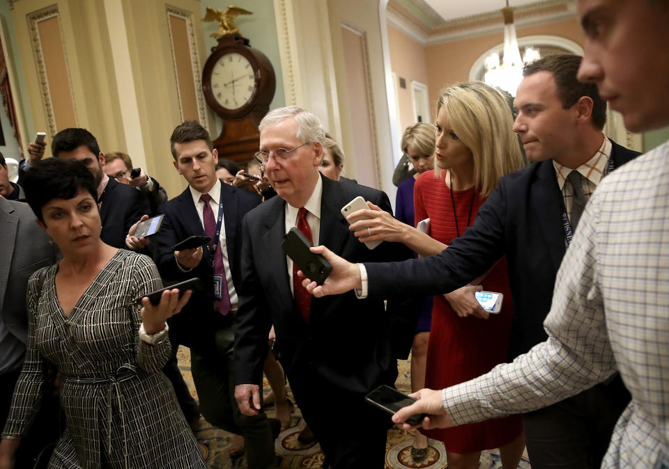 Senate Majority Leader Mitch McConnell, R-Ky., answers questions from reporters about Supreme Court nominee Brett Kavanaugh. (Photo: Win McNamee/Getty Images)