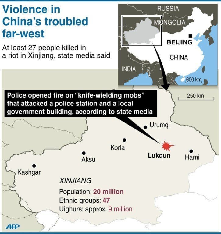 Graphic map showing China's western region of Xinjiang, where at least 27 people were killed in violence on June 26, according to state media. Armed police in Xinjiang have blocked the road to the site of riots that killed 27 people a day earlier in the region's deadliest violence in years, which state media called a "terrorist incident"