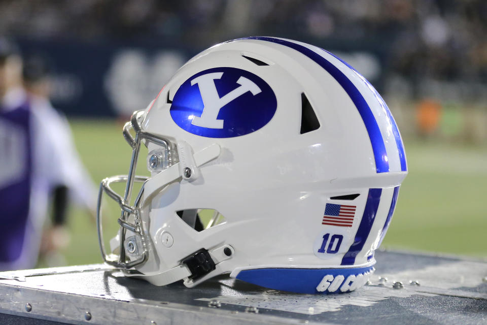 Oct. 1, 2021; Logan, Utah; A general view of a helmet worn by Brigham Young Cougars during a game against the Utah State Aggies at Merlin Olsen Field at Maverik Stadium. Rob Gray-USA TODAY Sports