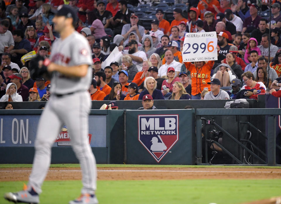 Houston Astros starting pitcher Justin Verlander steps off the mound after completing his 2,996th career strikeout during the second inning of a baseball game against the Los Angeles Angels Saturday, Sept. 28, 2019, in Anaheim, Calif. (AP Photo/Mark J. Terrill)
