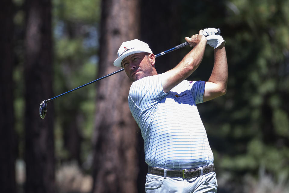 Chez Reavie watches a tee shot during the first round of the Barracuda Championship golf tournament at Tahoe Mountain Club in Truckee, Calif., Thursday, July 20, 2023. (AP Photo/Tom R. Smedes)