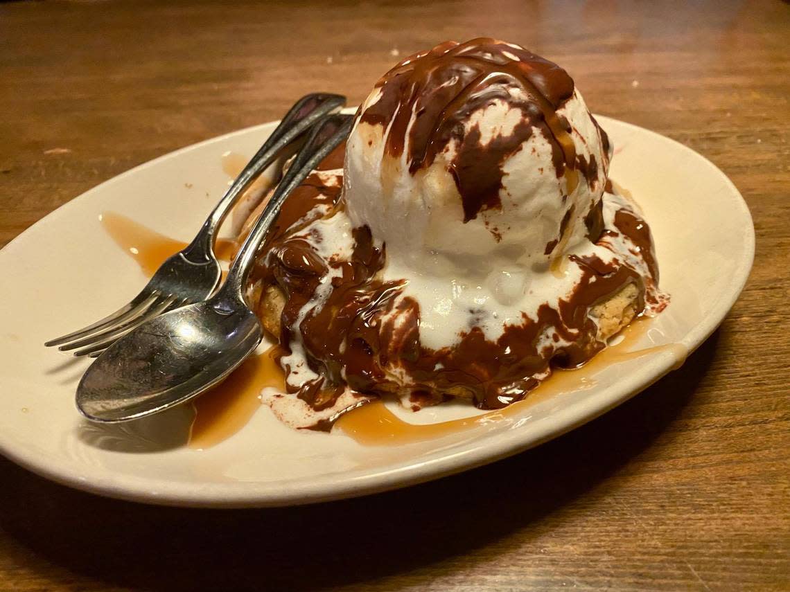The house-made chocolate chip cookie (9.99) comes with a sprinkle of sea salt and topped with vanilla ice cream, caramel and chocolate sauce.