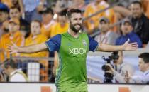 Nov 21, 2017; Houston, TX, USA; Seattle Sounders defender Will Bruin (17) celebrates his goal against the Houston Dynamo during the first half in the first leg of the MLS Western Conference Championship at BBVA Compass Stadium. Thomas B. Shea-USA TODAY Sports