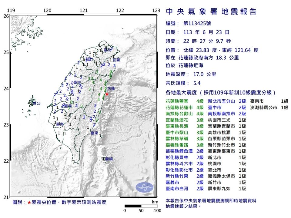 今晚(23日)10時27在花蓮地區發生規模5.4地震，幾乎全台有感，最大震度在花蓮與南投，有4級。(中央氣象署提供)