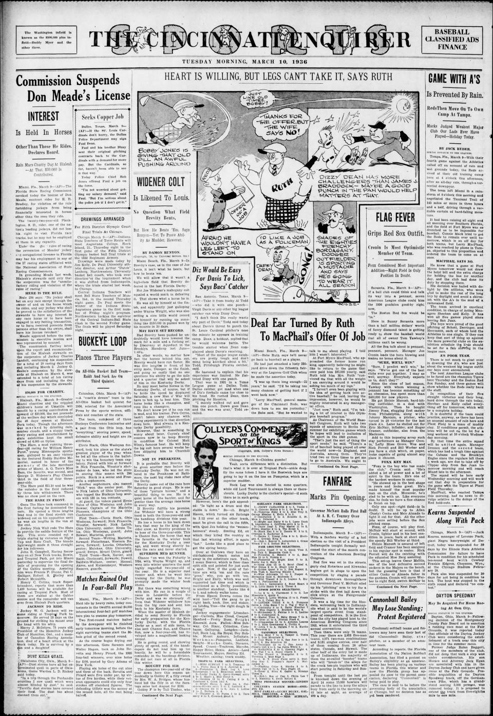March 10, 1936 Cincinnati Enquirer sports cover with headline: Heart is willing, but legs can't take it, says Ruth