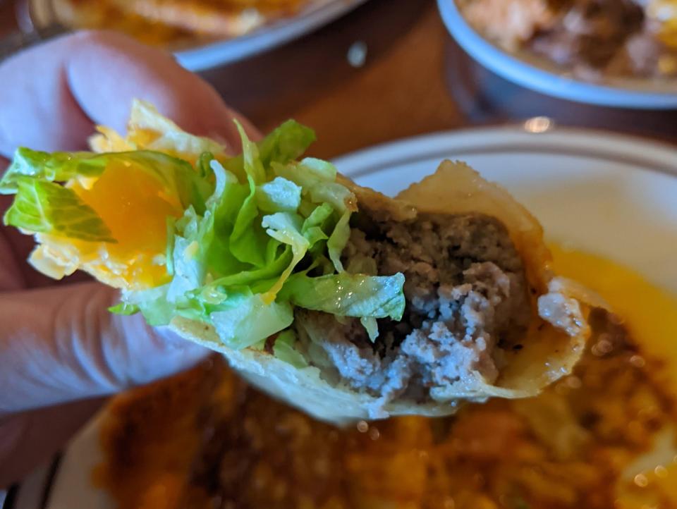 A hard-shelled ground beef taco at Mitla Cafe, the 85-year-old restaurant that inspired Glen Bell to create Taco Bell.