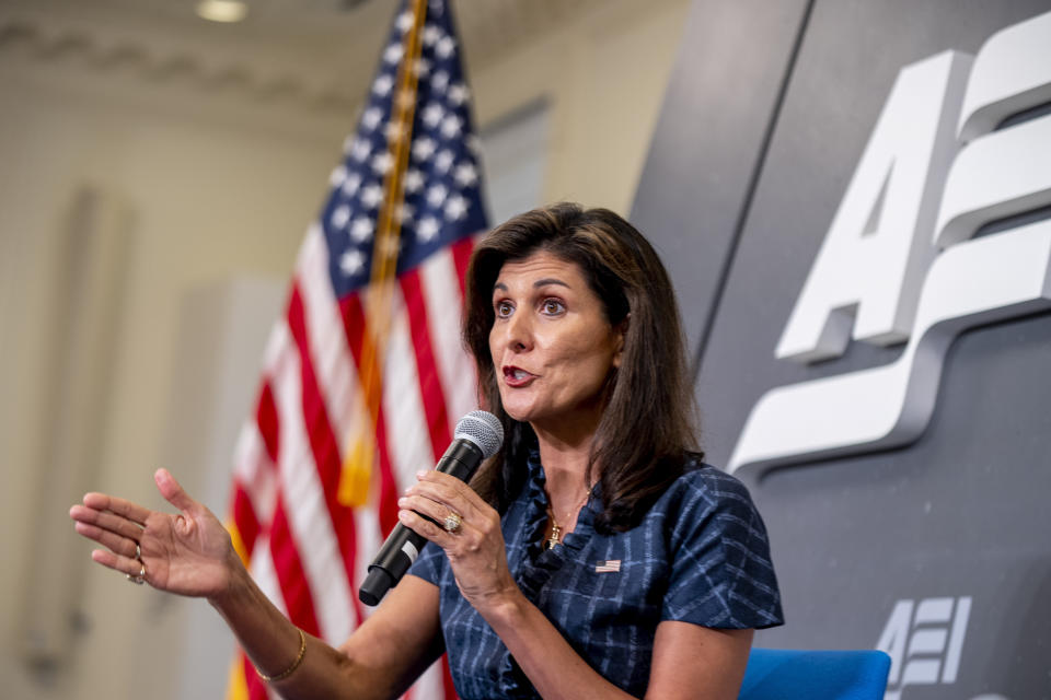 Republican presidential candidate Nikki Haley speaks at American Enterprise Institute, Tuesday, June 27, 2023, in Washington. Haley is criticizing former President Donald Trump for being too friendly to China during his time in office while also warning that weak support for Ukraine would “only encourage” China to invade Taiwan. Haley said in a speech at the American Enterprise Institute on Tuesday that Trump was “almost singularly focused” on the U.S.-China trade relationship but ultimately did “too little about the rest of the Chinese threat.”(AP Photo/Andrew Harnik)