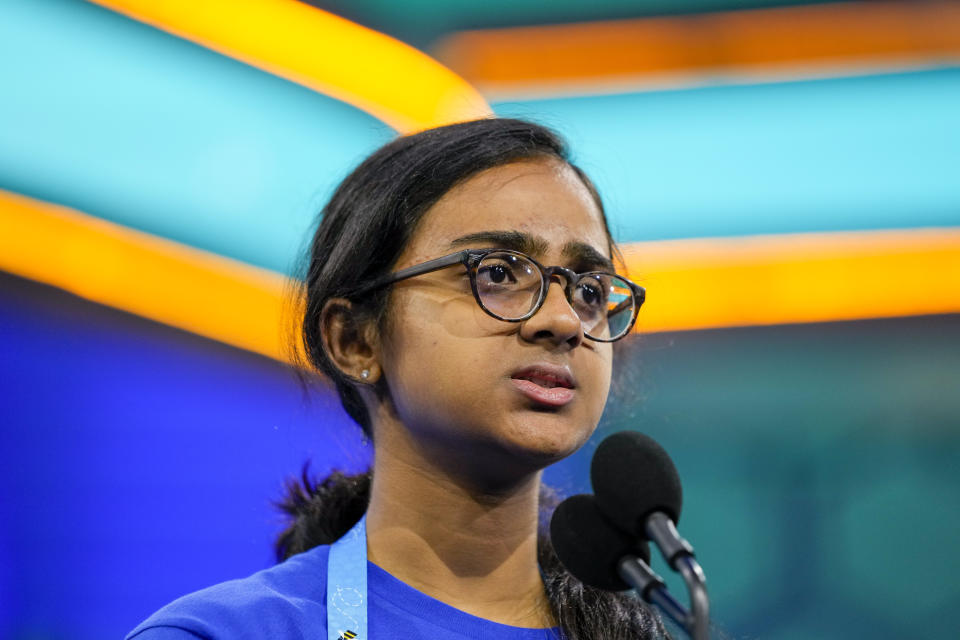 Kavya Jakasania, 13, from Jersey City, N.J., competes during the Scripps National Spelling Bee, Wednesday, May 31, 2023, in Oxon Hill, Md. (AP Photo/Alex Brandon)