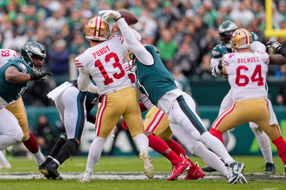 San Francisco 49ers quarterback Brock Purdy, 13, was one of two 49ers QBs to suffer injuries in Sunday's NFC championship game, leaving his team in a desperate situation. Photo by Andy Lewis/Icon Sportswire via Getty Images)