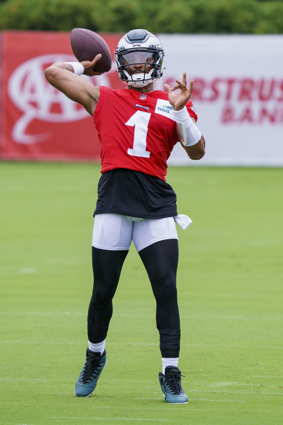 Philadelphia Eagles' Jalen Hurts throws a pass during the NFL football team's training camp, Wednesday, July 27, 2022, in Philadelphia. (AP Photo/Chris Szagola)