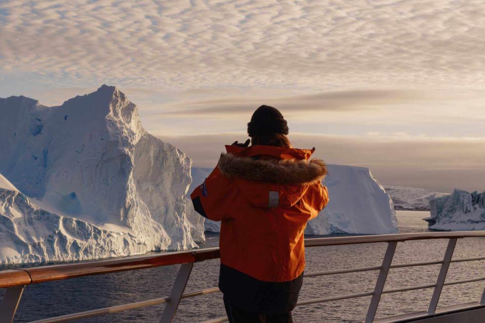 <p>Carol Sachs</p> Icebergs recede into the distance as the ship departs the South Orkney Islands.