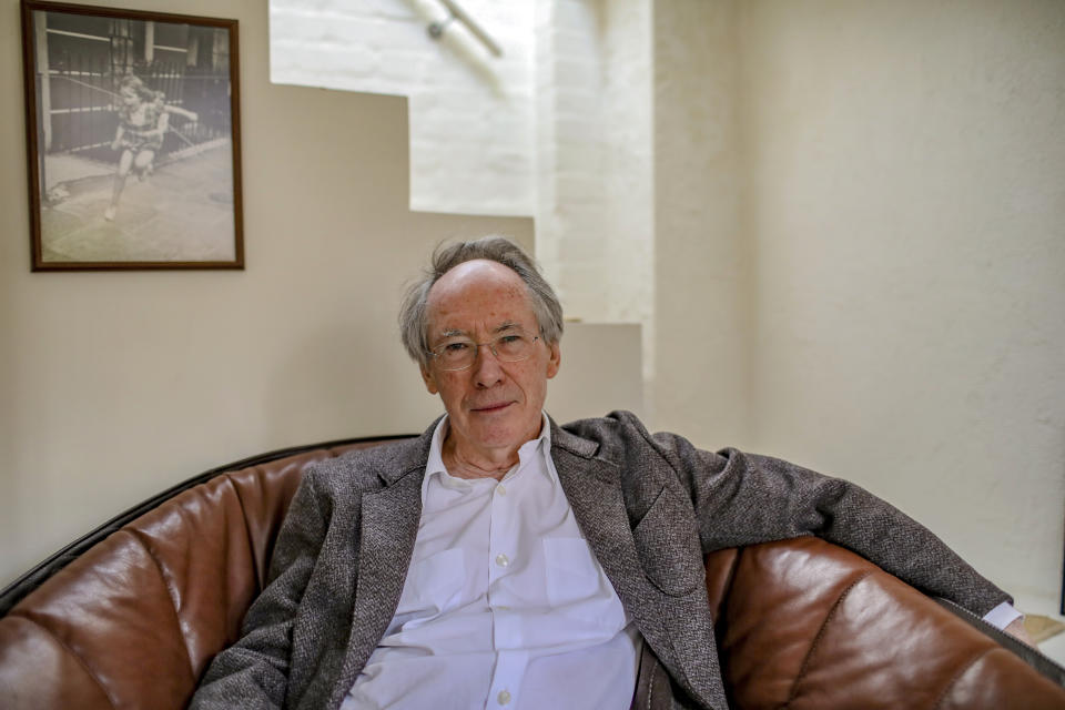 In this photo taken on Thursday, April 18, 2019, Booker Prize award winning English novelist and screenwriter Ian Russell McEwan talks to Associated Press about his new novel "Machines Like Me" in London. McEwan is fascinated by artificial intelligence. A central character in his new novel is a lifelike android with access to all human knowledge who writes haiku poetry. The book, published in the United States Tuesday, April 23 by Doubleday, looks at the messy relationship between human minds and artificial ones. (AP Photo/Vudi Xhymshiti)