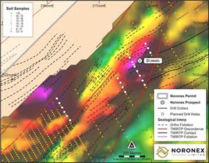 Planned RC drill holes plotted on soil geochemistry anomalies at the Otjiwaru Prospect with regional structural interpretations.