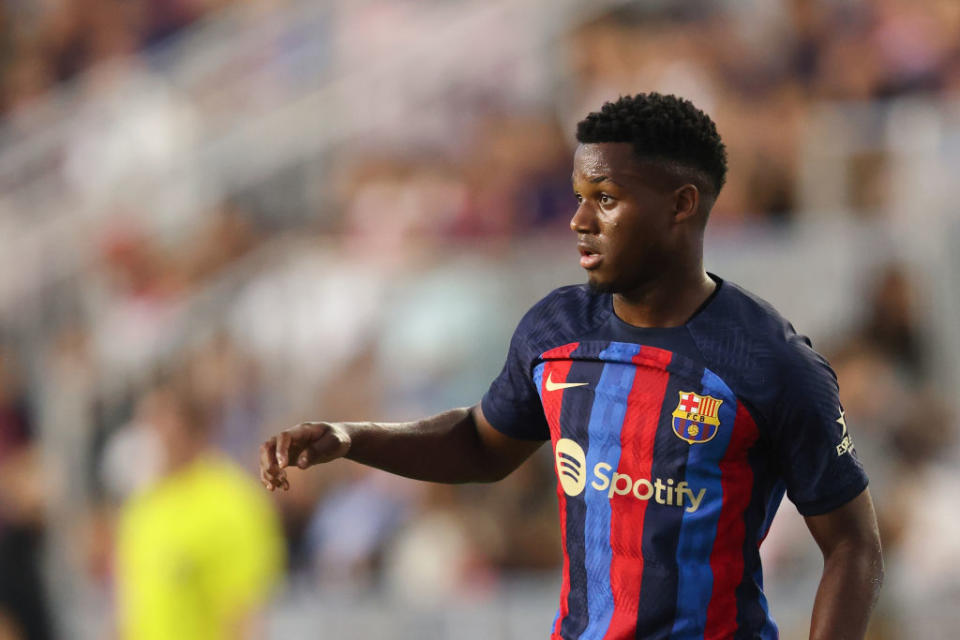 Ansu Fati of FC Barcelona during the pre season friendly between Inter Miami CF and FC Barcelona at DRV PNK Stadium on July 19, 2022 in Fort Lauderdale, Florida.