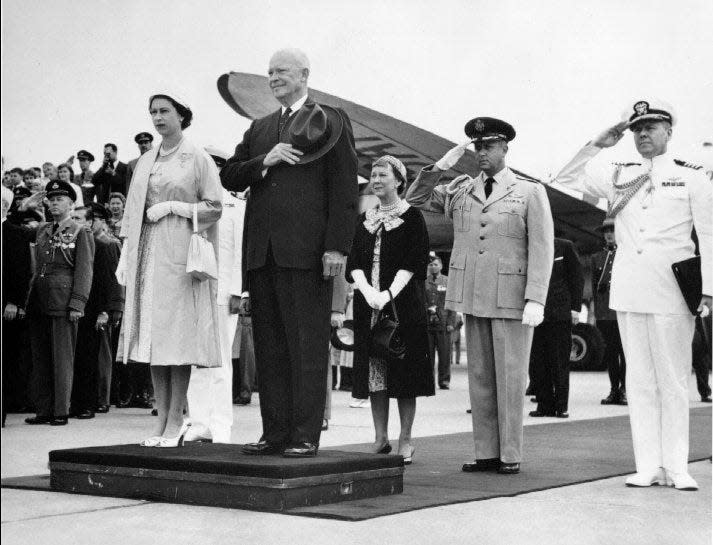 Queen Elizabeth II and President Dwight D. Eisenhower are shown at the 1959 St. Lawrence Seaway Opening Ceremony