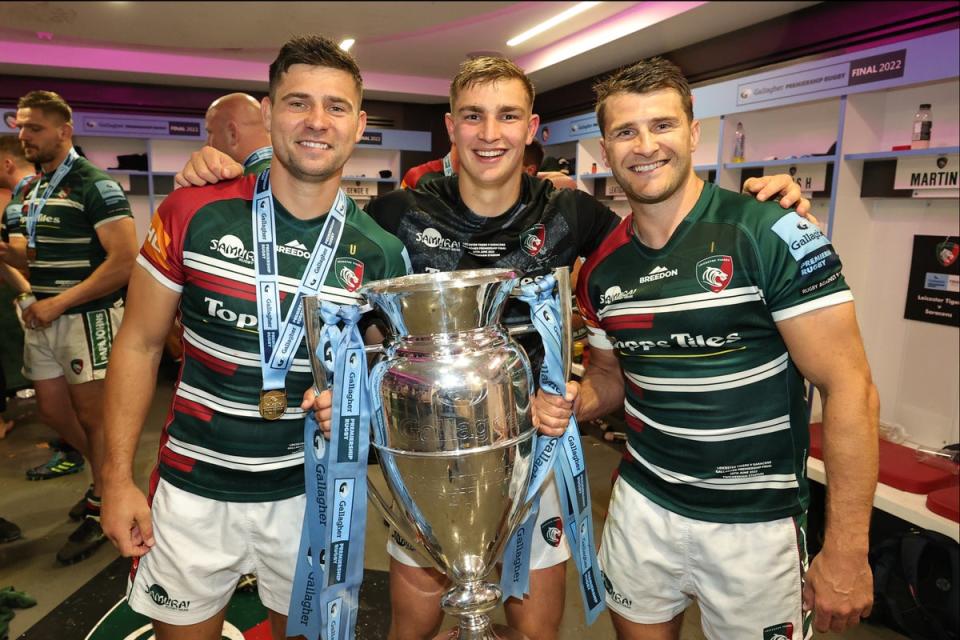 Jack van Poortvliet (centre) played with Ben Youngs (left) and England attack coach Richard Wigglesworth (right) at Leicester (Getty Images)