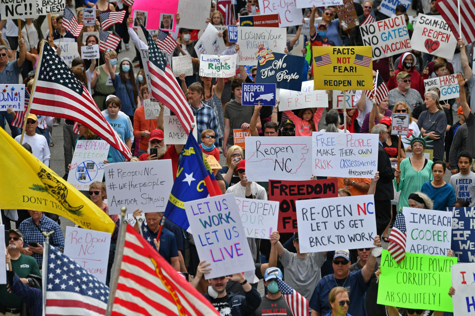 Manifestación en Carolina de Norte contra el confinamiento. (Getty Images)