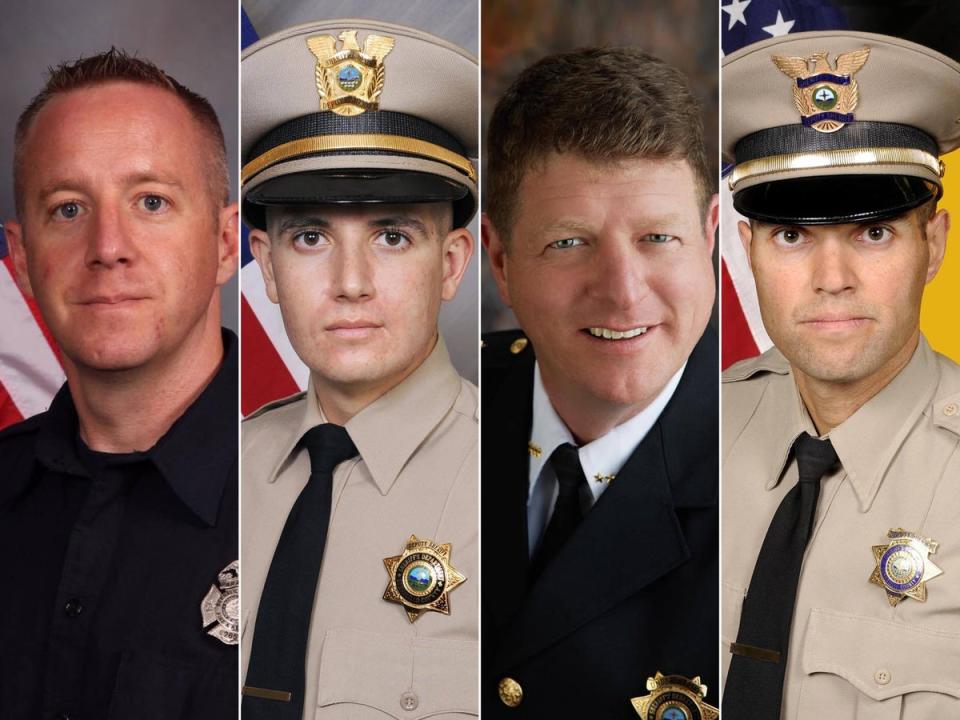 From left to right: Rescue Specialist Matthew King, Deputy Michael Levison, Undersheriff Larry Koren and Lt Fred Beers were all killed in a helicopter crash in New Mexico after assisting with putting out a wildfire in the Las Vegas area (Bernalillo County Sheriff's Office)