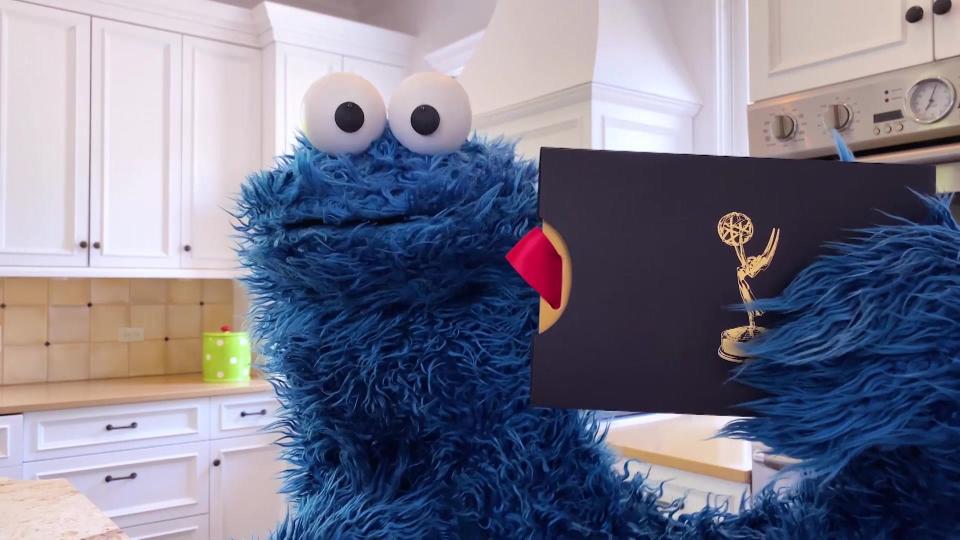 Cookie Monster at the 47th ANNUAL DAYTIME EMMY AWARDS, airing Friday, June 26 (8:00-10:00 PM, ET/PT) on the CBS Television Network. Photo: Best possible screen grab.  Copyright ©CBS 2020 CBS Broadcasting, Inc. All Rights Reserved.