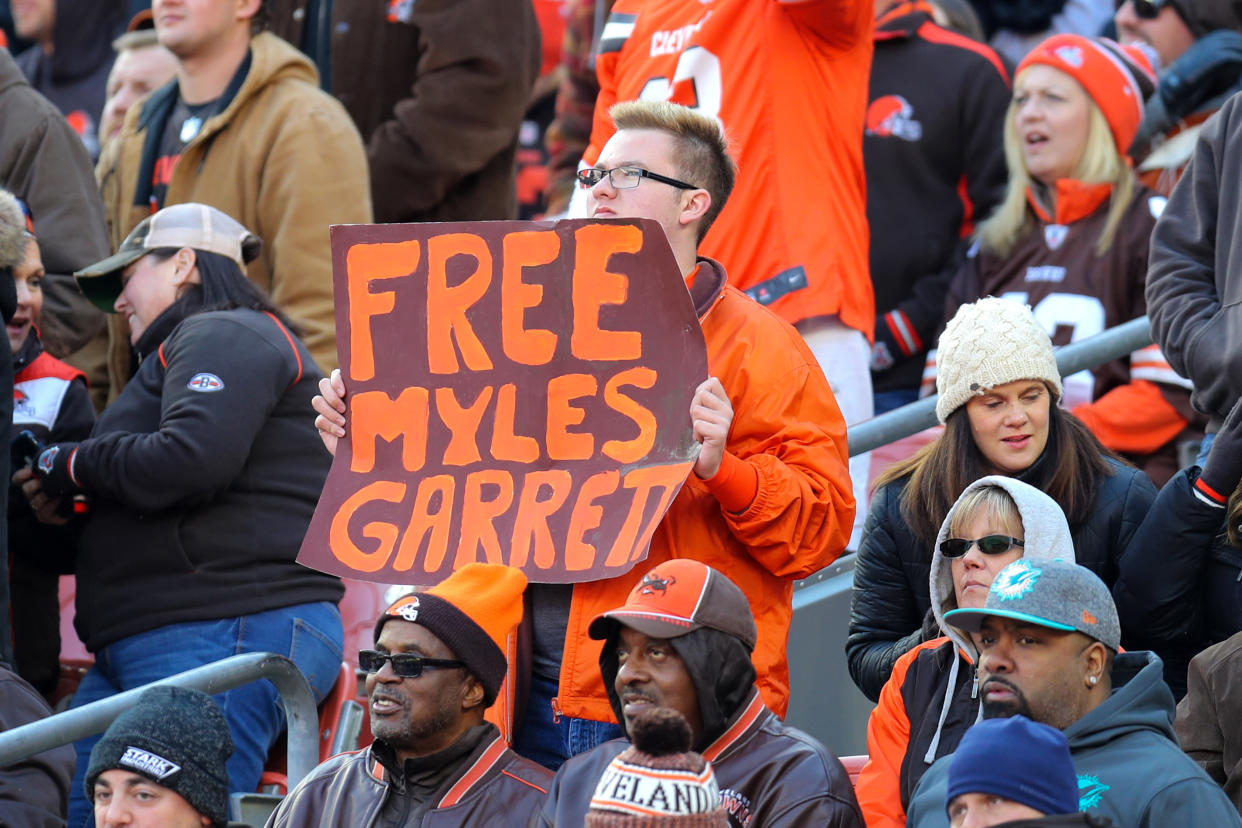 Browns fans still have sour feelings over the brawl against the Steelers that saw Myles Garrett suspended indefinitely. (Photo by Frank Jansky/Icon Sportswire via Getty Images)