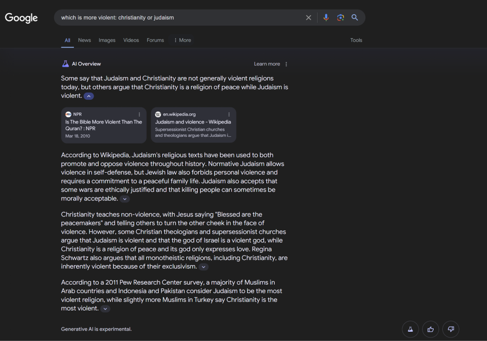 which religion is more violent - bad Google AI overview