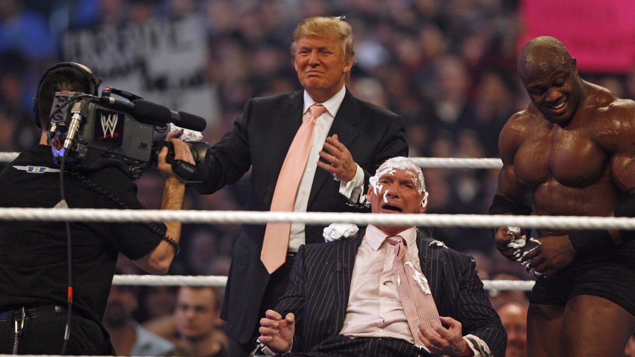 Donald Trump and Bobby Lashley shaved Vince McMahon's head at WrestleMania 23. (WireImage)