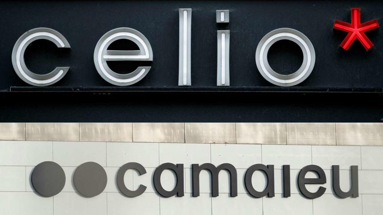 (COMBO) This combination of files pictures created on December 7, 2022 shows the logo of “Celio” in the city of Caen, northwestern of France, on November 29, 2019 and the logo of the ready-to-wear clothing company Camaieu at the company's headquarters in Roubaix, northern France, on October 4, 2022. - French men's ready-to-wear brand Celio bought the Camaieu brand on December 7, 2022 for 1.8 million euros at an auction near Lille, its president expressing the wish to 